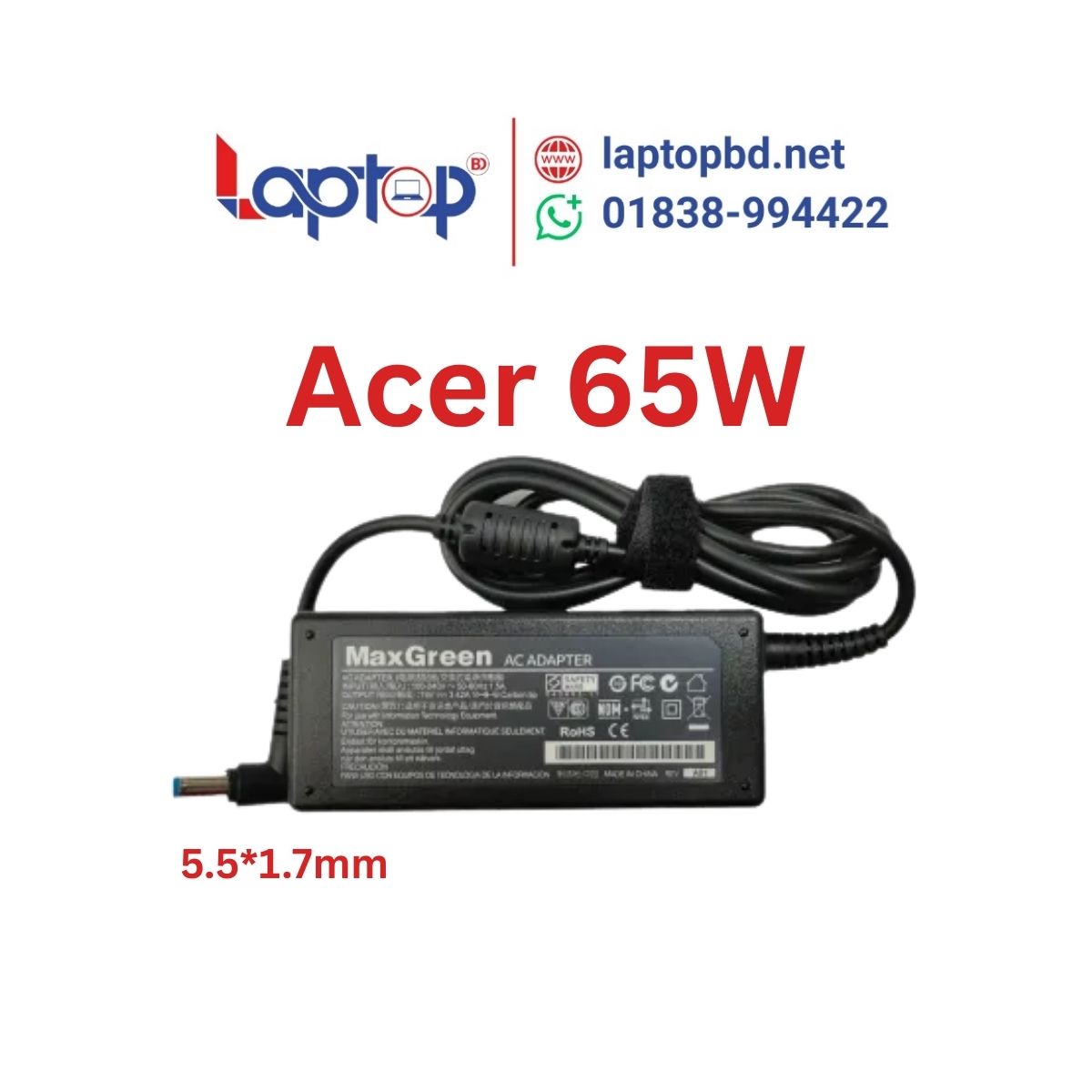 Acer MaxGreen 19V 3.42A 65W Laptop Charger Adapter at Laptop BD Acer MaxGreen 19V 3.42A 65W Laptop Charger Adapter at Laptop BD