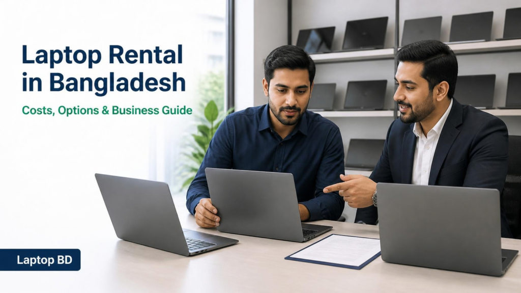 Modern laptop rental showroom in Bangladesh with business laptops on display as a customer discusses rental options with a representative.